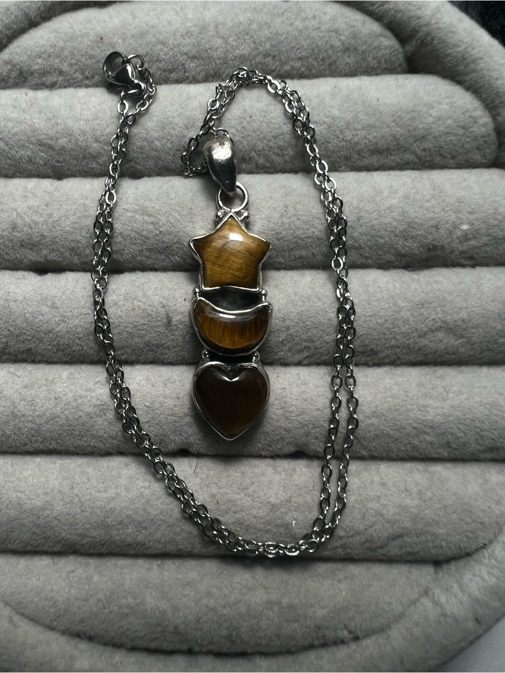 Tiger Eye Star-Moon-Heart Pendant Necklace - Silver Tone